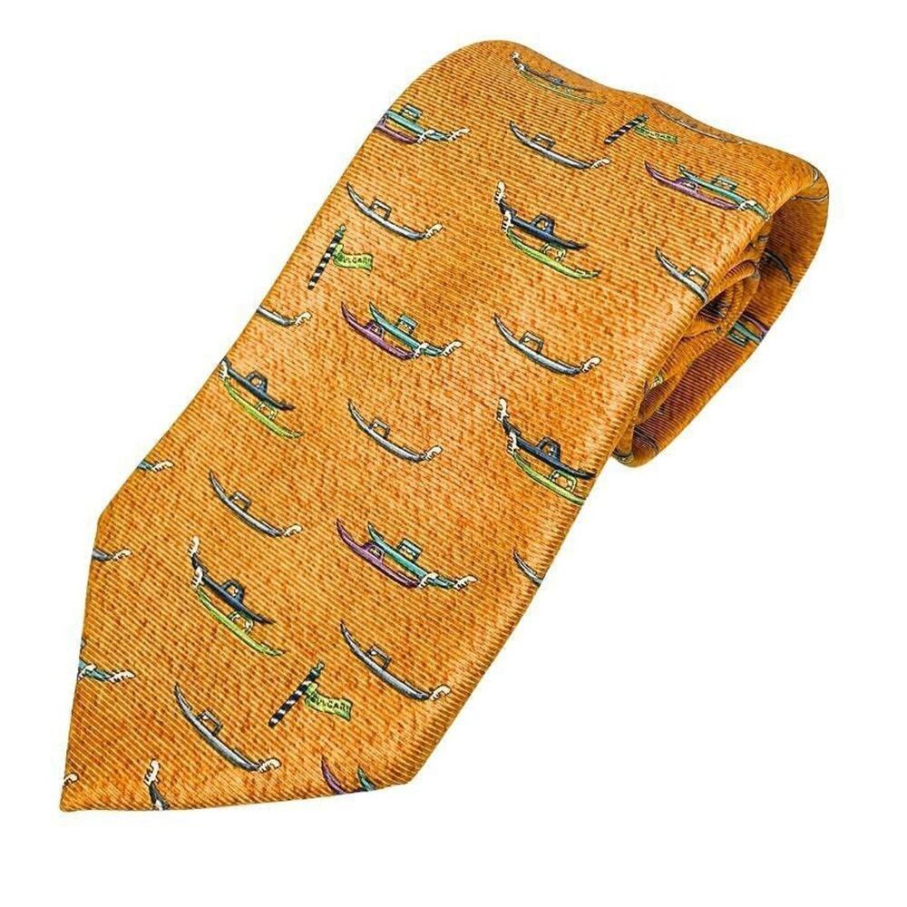 BVLGARI Bulgari Tie Boat Pattern Sevenfold 100% Silk Yellow Orange Men's